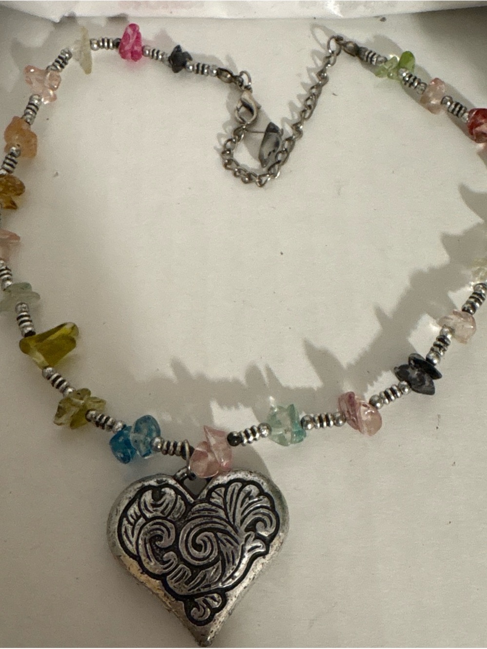Multicolor Chip Bead Necklace with Antique Silver Heart Pendant